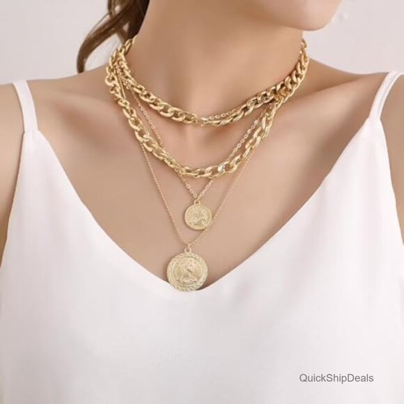 Chunky Coin Pendant Necklace Layered Cuban Link Chain Statement - Picture 2 of 3